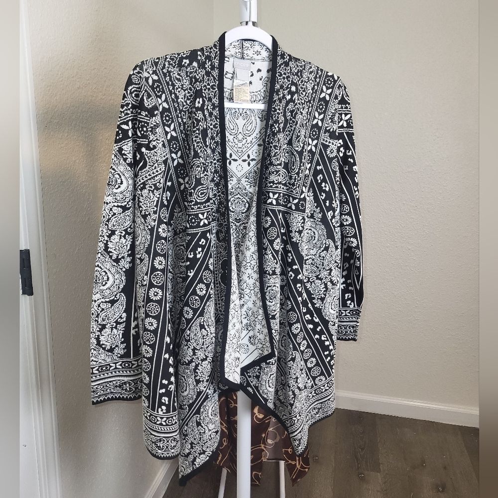 Chicos Bandana Print Boho Waterwall Open Front Cardigan Small 0